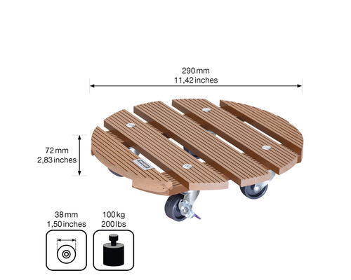 Kulatá dřevěná podložka pod květináč s kolečky a rozměry