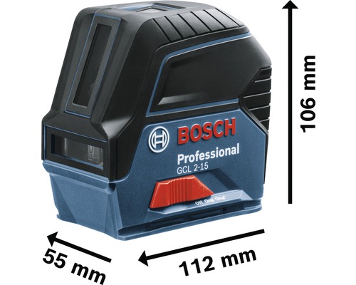 Kombinovaný laser Bosch GCL 2-15 Professional o rozměrech 112 mm x 55 mm x 106 mm