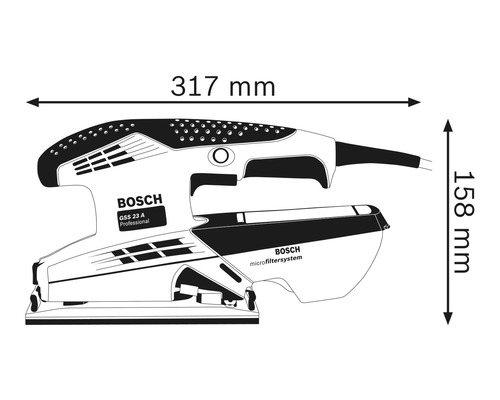 Rozměry vibrační brusky Bosch GSS 23 A Professional: 317 mm x 158 mm