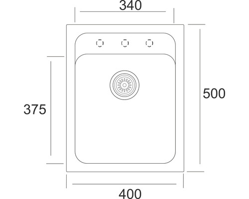 Technický nákres dřezu s rozměry 400 x 375 x 500 x 340 mm
