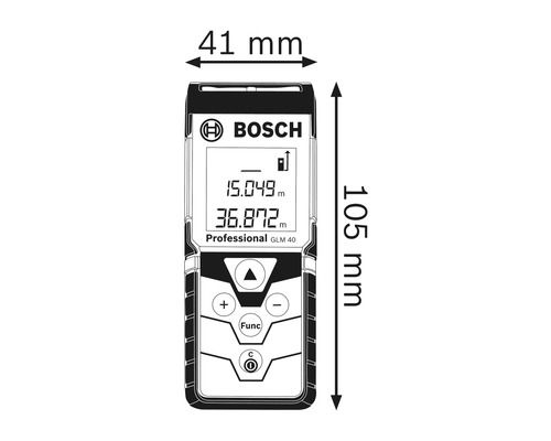 Obrázek laserového dálkoměru Bosch GLM 40 Professional s rozměry 41 mm šířky a 105 mm výšky.