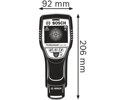 Detektor Bosch D-tect 120 Professional o rozměrech 206 mm výška a 92 mm šířka.