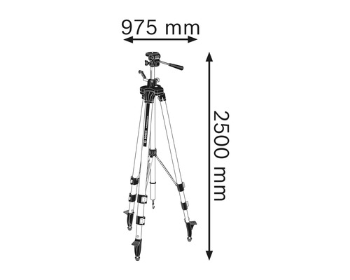 Zobrazení nivelačního stativu s výškou 2500 mm a šířkou 975 mm.
