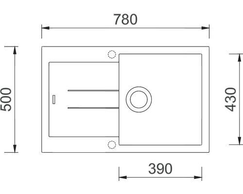 Technický výkres kuchyňského dřezu o rozměrech 780x500x430 mm.