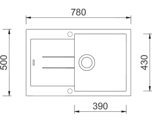 Technický výkres dřezu s rozměry 780 x 500 x 430 mm a umyvadlem 390 mm