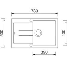 Technický nákres dřezu s rozměry 780 x 500 x 430 mm a umyvadlem o rozměru 390 mm