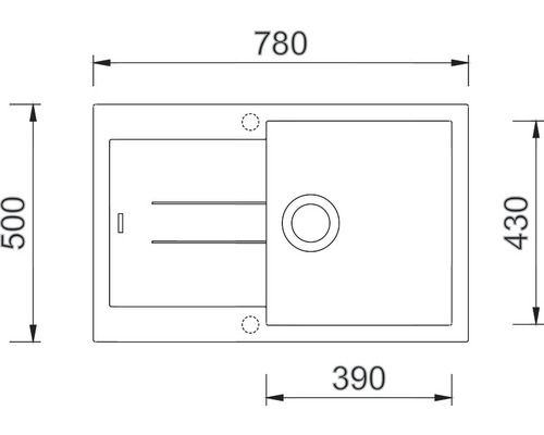 Technický nákres dřezu s rozměry 780 x 500 x 430 mm a umyvadlem o rozměru 390 mm