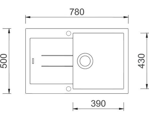 Nákres dřezu s rozměry: šířka 780 mm, výška 500 mm, vana šířka 390 mm a výška 430 mm