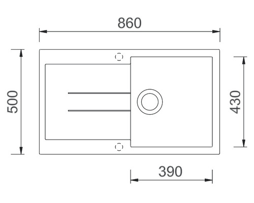 Technický výkres dřezu o rozměrech 860 x 500 x 430 x 390 milimetrů.