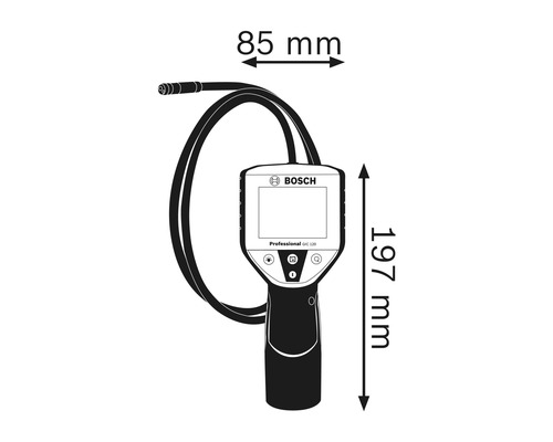 Inspekční kamera Bosch GIC 120 Professional o rozměrech 85 mm šířky a 197 mm výšky.