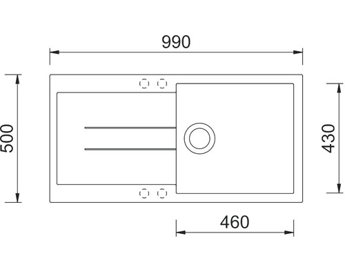 Technický nákres dřezu s rozměry