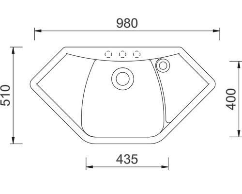 Technický nákres rohového umyvadla s rozměry