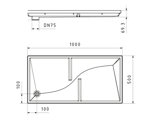 Technický nákres sprchové vaničky s rozměry