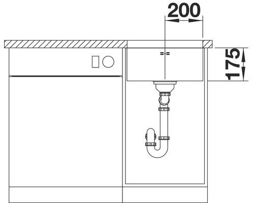 Technický nákres dřezu se sifonem a rozměry