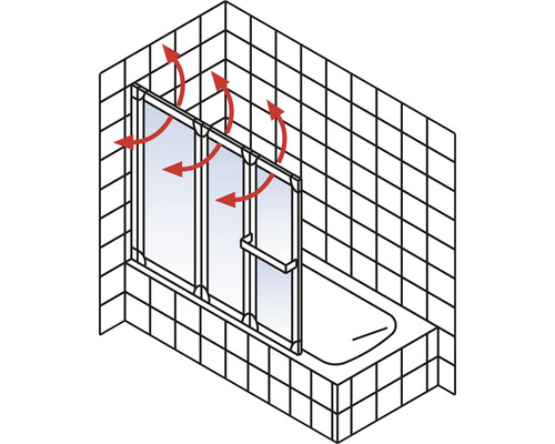 Koupelna s vanou a sprchovou zástěnou se šipkami ventilace