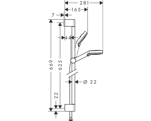 Technický výkres sprchové tyče s rozměry