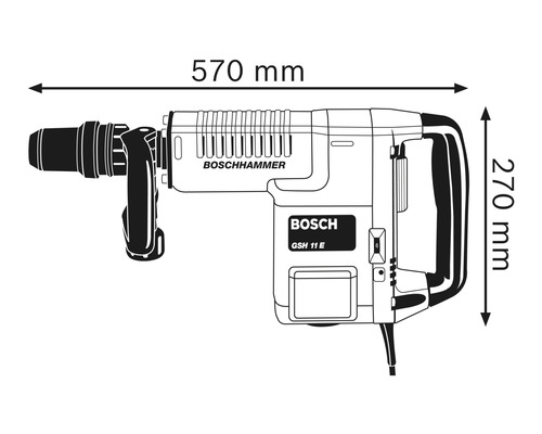 Obrázek bouracího kladiva Bosch GSH 11 E s rozměry: délka 570 mm, výška 270 mm