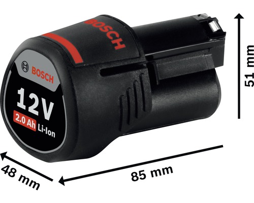 Baterie Bosch 12 V 2.0 Ah lithium-ion s rozměry