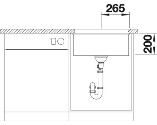 Schéma dřezu o rozměrech 265 krát 200 milimetrů