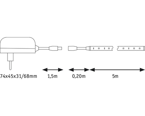Technický výkres LED pásku se zástrčkou, 1,5 m přívodním kabelem, 0,2 m propojovacím kabelem a 5 m světelnou lištou.
