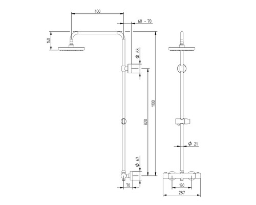 Technický nákres sprchové armatury s údaji o výšce a šířce.