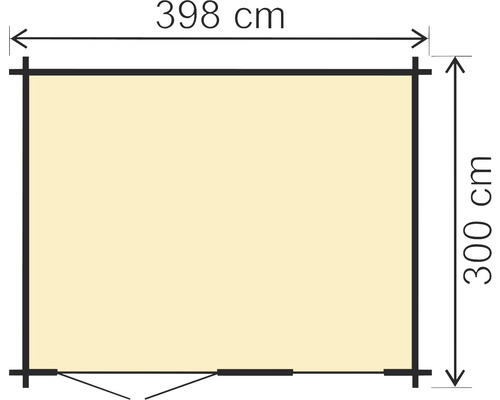 Schéma zahradního domku o rozměrech 398 x 300 centimetrů