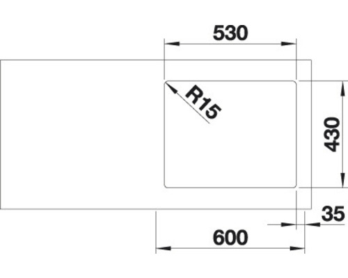 Technický nákres dřezu o rozměrech 530, 430 a 600 milimetrů