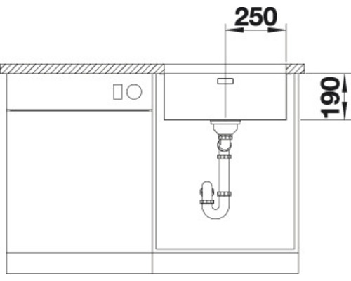 Nákres dřezu s odtokovou armaturou a rozměry.