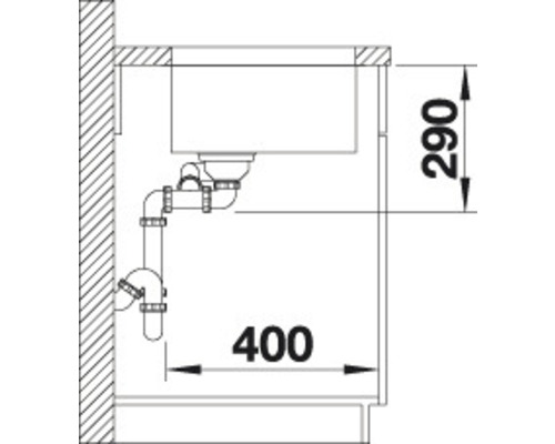 Nákres dřezu s odtokem a rozměry 400 a 290.