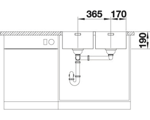Nákres dřezu se dvěma komorami s rozměry