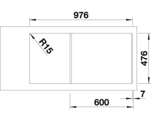 Technický výkres dřezu o rozměrech 976 x 476 mm