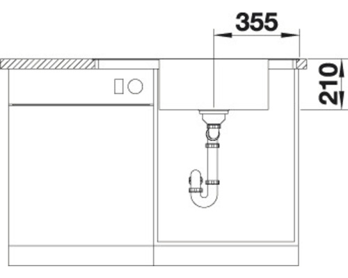 Nákres dřezu o rozměrech 355 x 210 milimetrů.