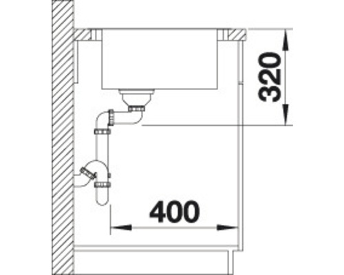 Nákres dřezu s odtokovými trubkami a rozměry
