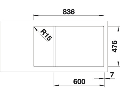 Technický nákres dřezu o rozměrech 836, 476 a 600 milimetrů.