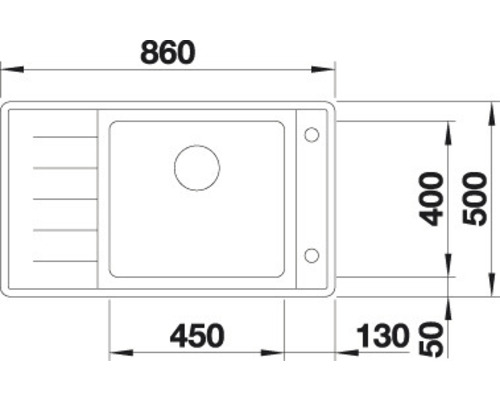 Technický nákres kuchyňského dřezu s rozměry