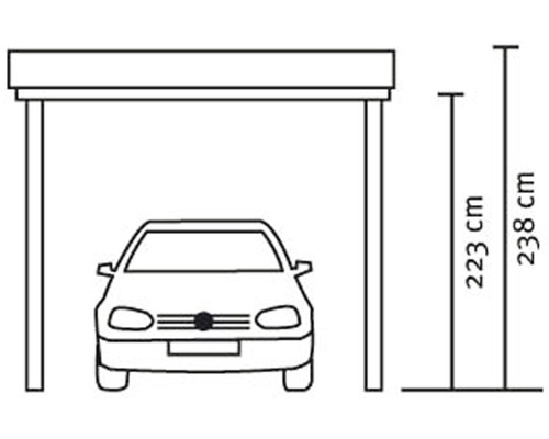 Nákres přístřešku pro auto s výškovými údaji 223 centimetrů a 238 centimetrů