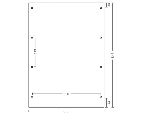 Technický výkres s rozměry obdélníku: 613, 846, 550, 230, 74 a 34