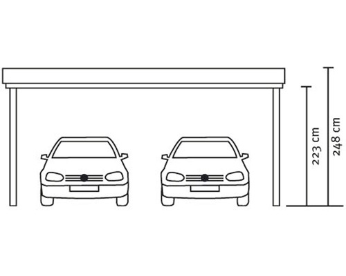 Rozměry dvojitého přístřešku pro auto: výška sloupku 223 cm, celková výška 248 cm
