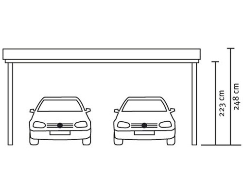 Obrázek dvojitého přístřešku pro auto s rozměry 223 centimetrů a 248 centimetrů.