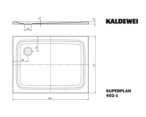 Technický nákres sprchové vaničky Kaldewei Superplan s rozměry