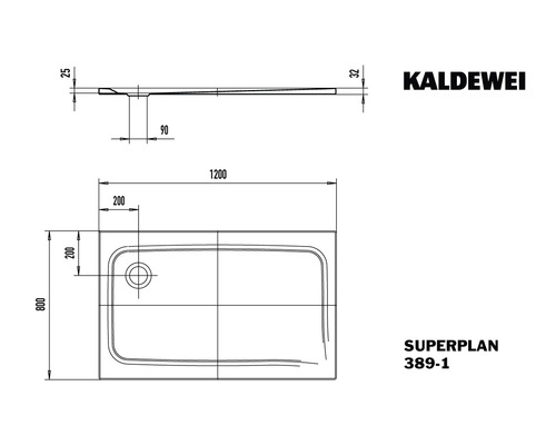 Kaldewei Superplan 389-1 sprchová vanička technický výkres s rozměry