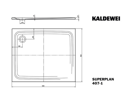 Nákres sprchové vaničky Kaldewei Superplan s rozměry