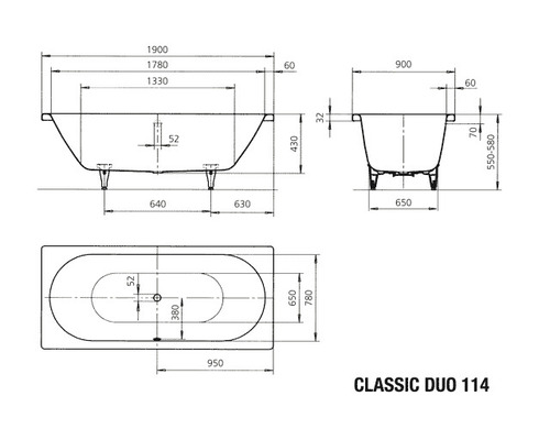 Technický nákres vany s rozměry