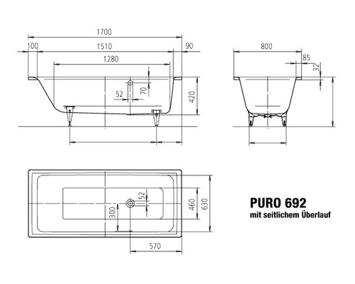 Technický nákres vany s bočním přepadem a rozměry.