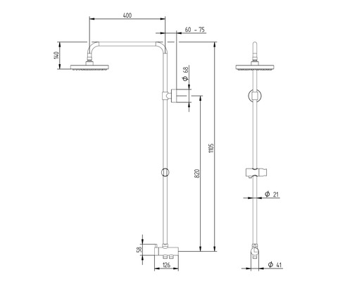 Technický nákres sprchové armatury s rozměry