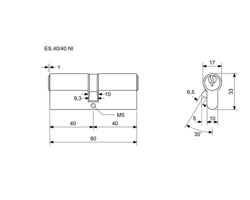 Technický výkres cylindrického zámku s rozměry