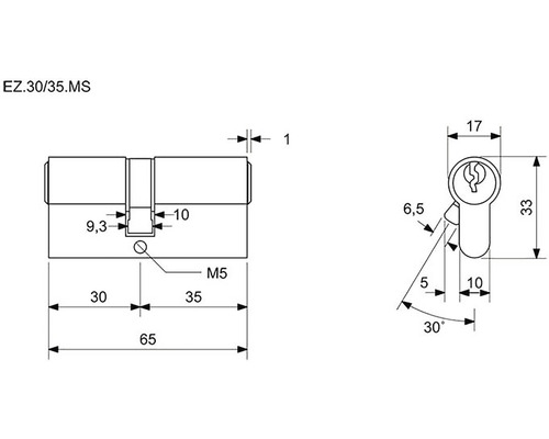Technický výkres cylindrického zámku s rozměry