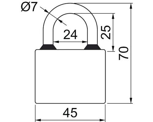 Technický výkres visacího zámku s rozměry.