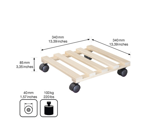 Dřevěná kolečková deska s rozměry a informacemi o nosnosti