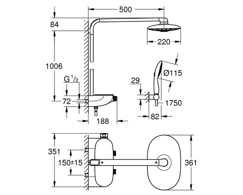 Technický nákres sprchové baterie s rozměry
